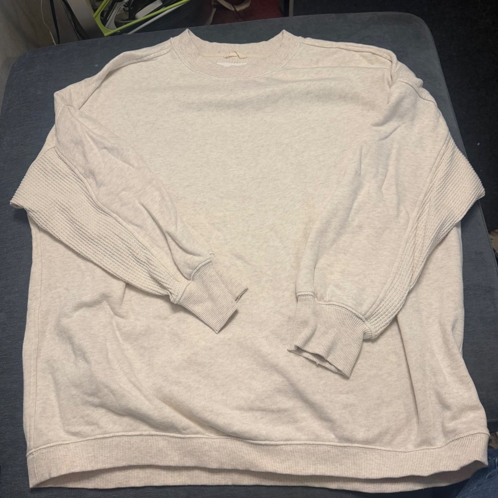Aerie Womens Oversized Crewneck Sweatshirt Oatmeal Beige Waffle Sleeve Large - Picture 1 of 3